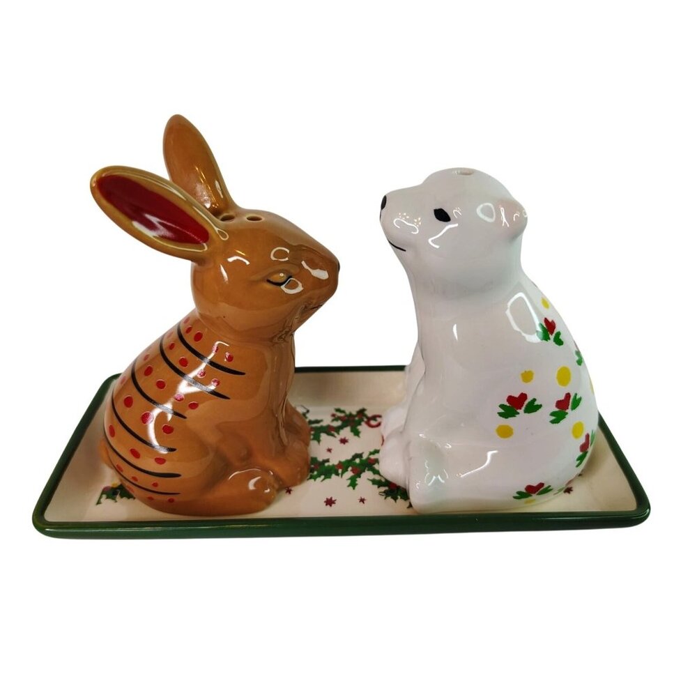 Cath Kidston Salt & Pepper Shaker Set w/Tray, Polar Bear Rabbit Hare 3 Piece
